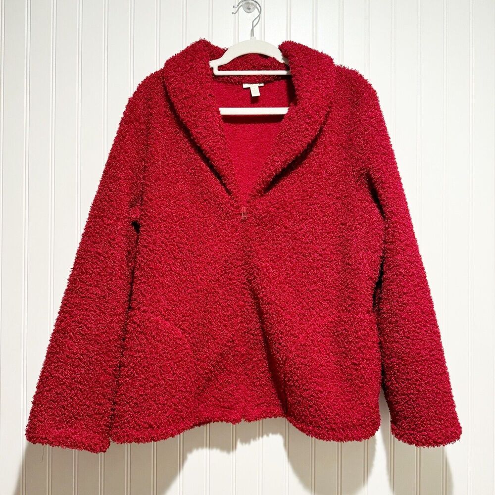 J Jill Red Fuzzy Zip Front Jacket Size Large - image 1